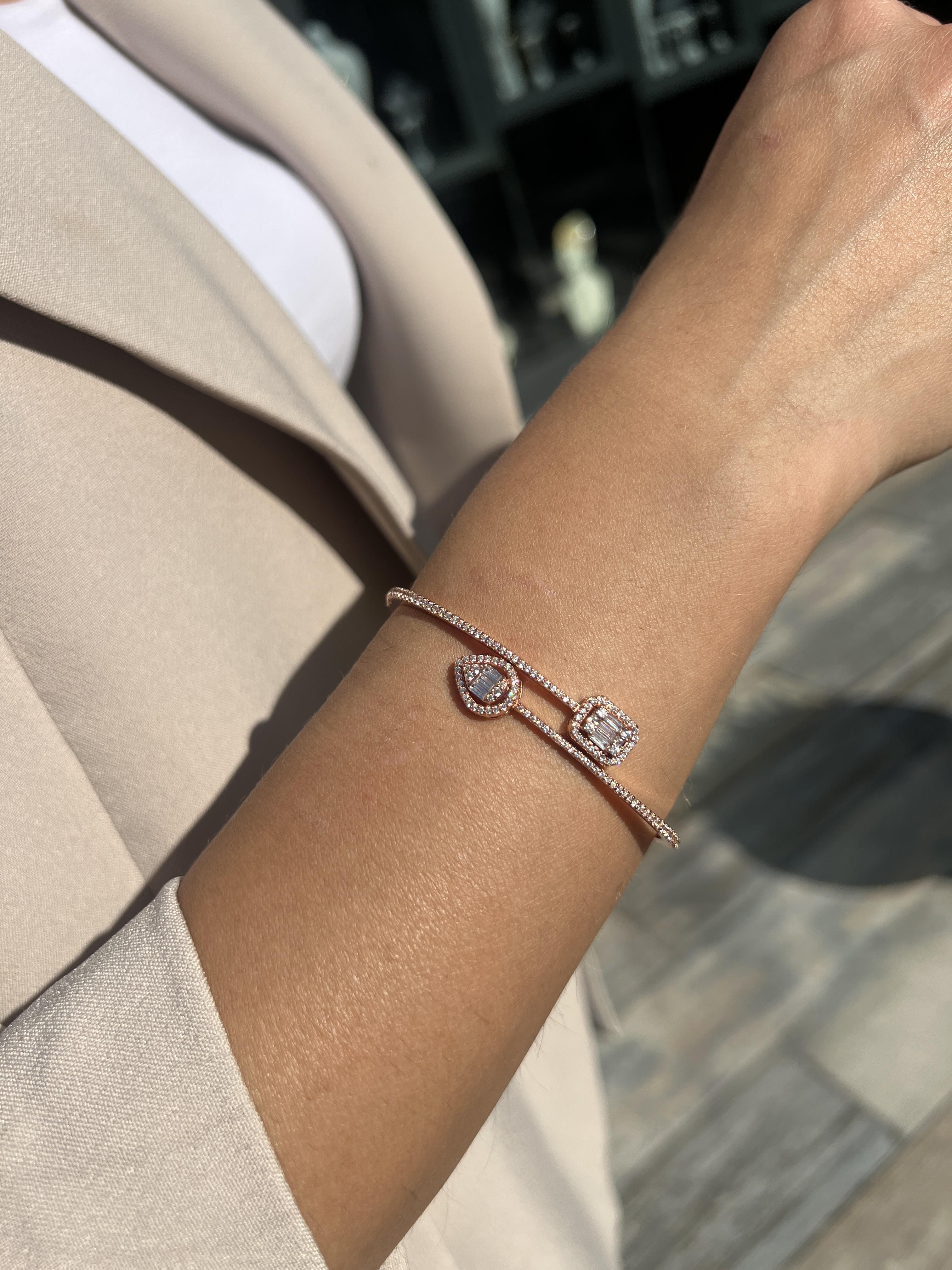 Gümüş Baget Taşlı Rose Renkli Kelepçe