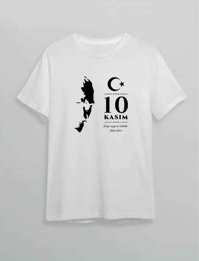 10 Kasım Atatürk Anma Günü Silüet Baskılı Oversize Bisiklet Yaka T-shirt - Beyaz