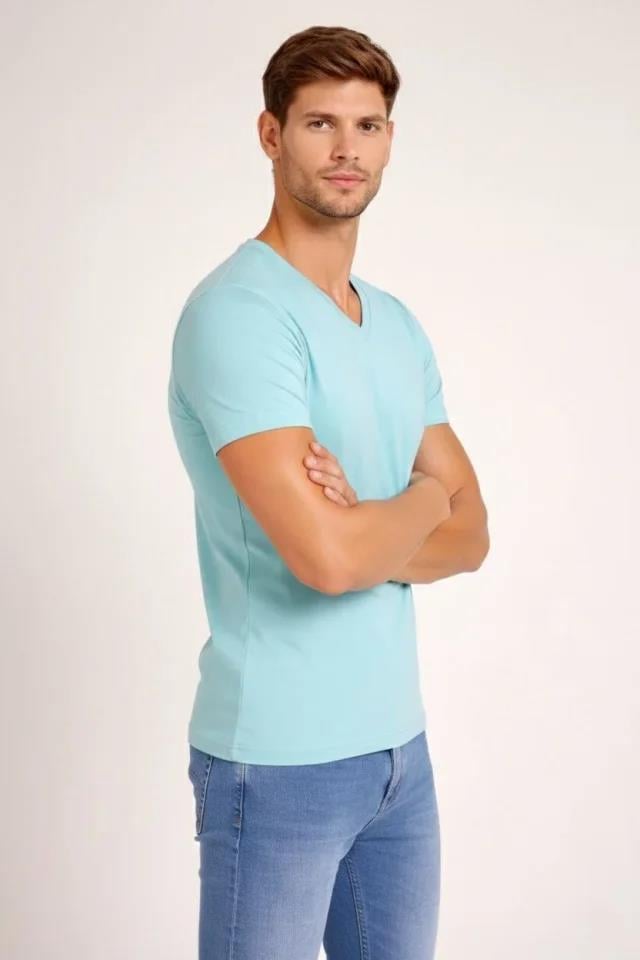 Erkek T-Shirt V Yaka Slim Fit Dar Kesim Likralı Tişört Günlük Basic Body - Turkuvaz