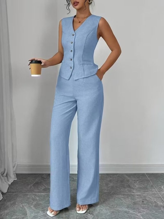 Kadın Askılı önden Düğmeli Bluz Ve Pantolon Keten Ikili Takım