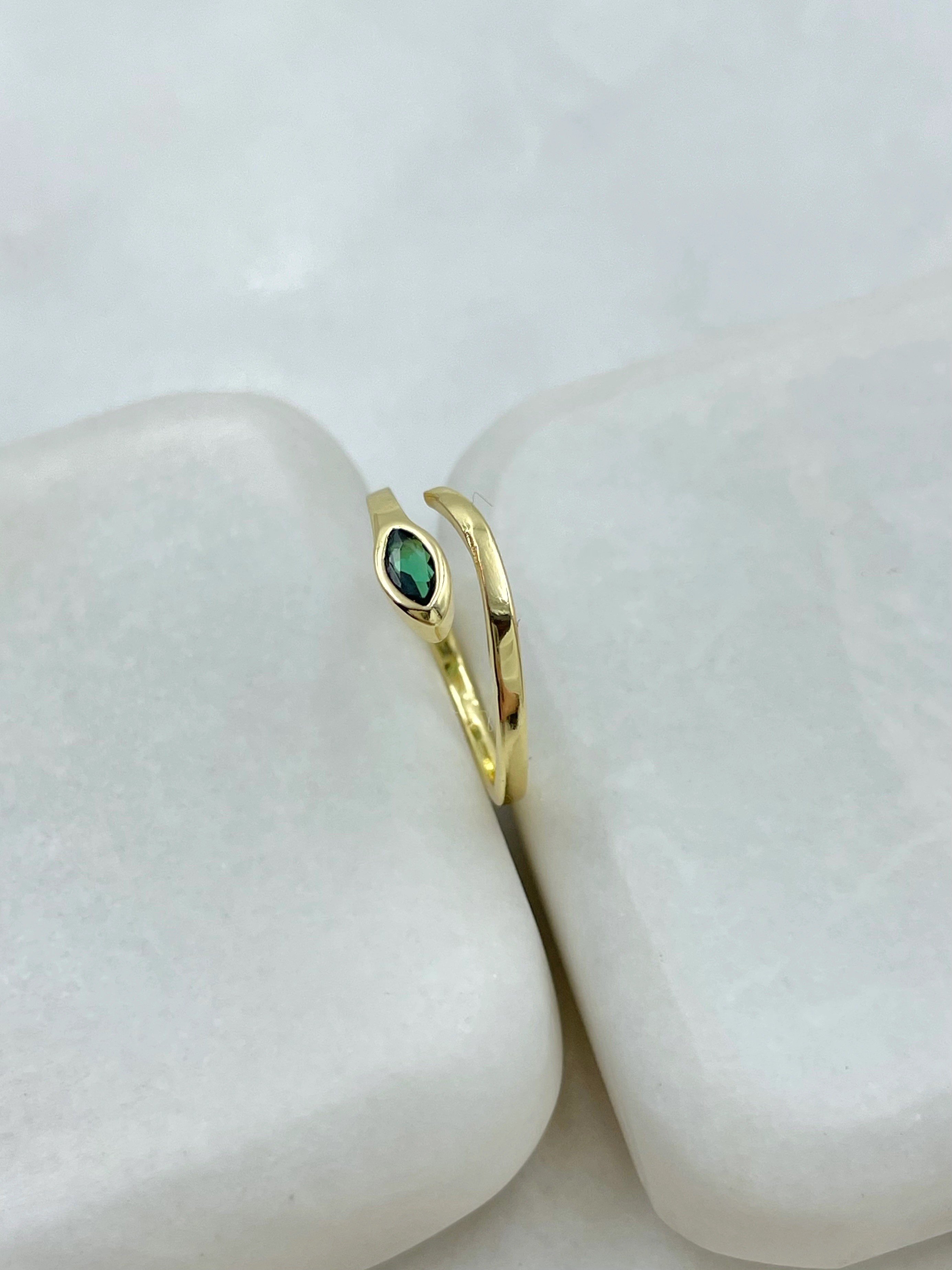 Altın Kaplama Yeşil Kristal Taşlı Yılan Serçe Parmak Yüzüğü Gold