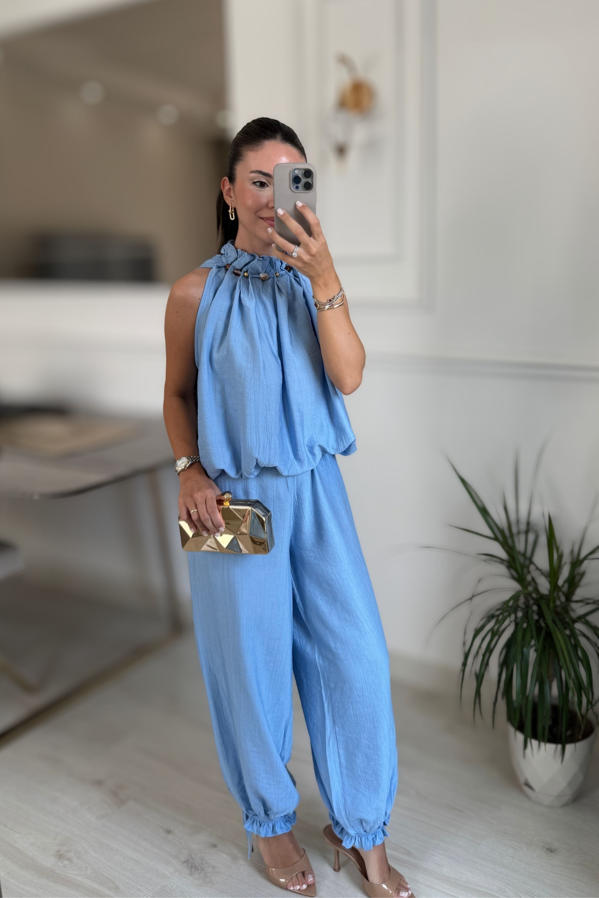 YAKA BONCUKLU BLUZ PANTOLON TAKIM - MAVİ