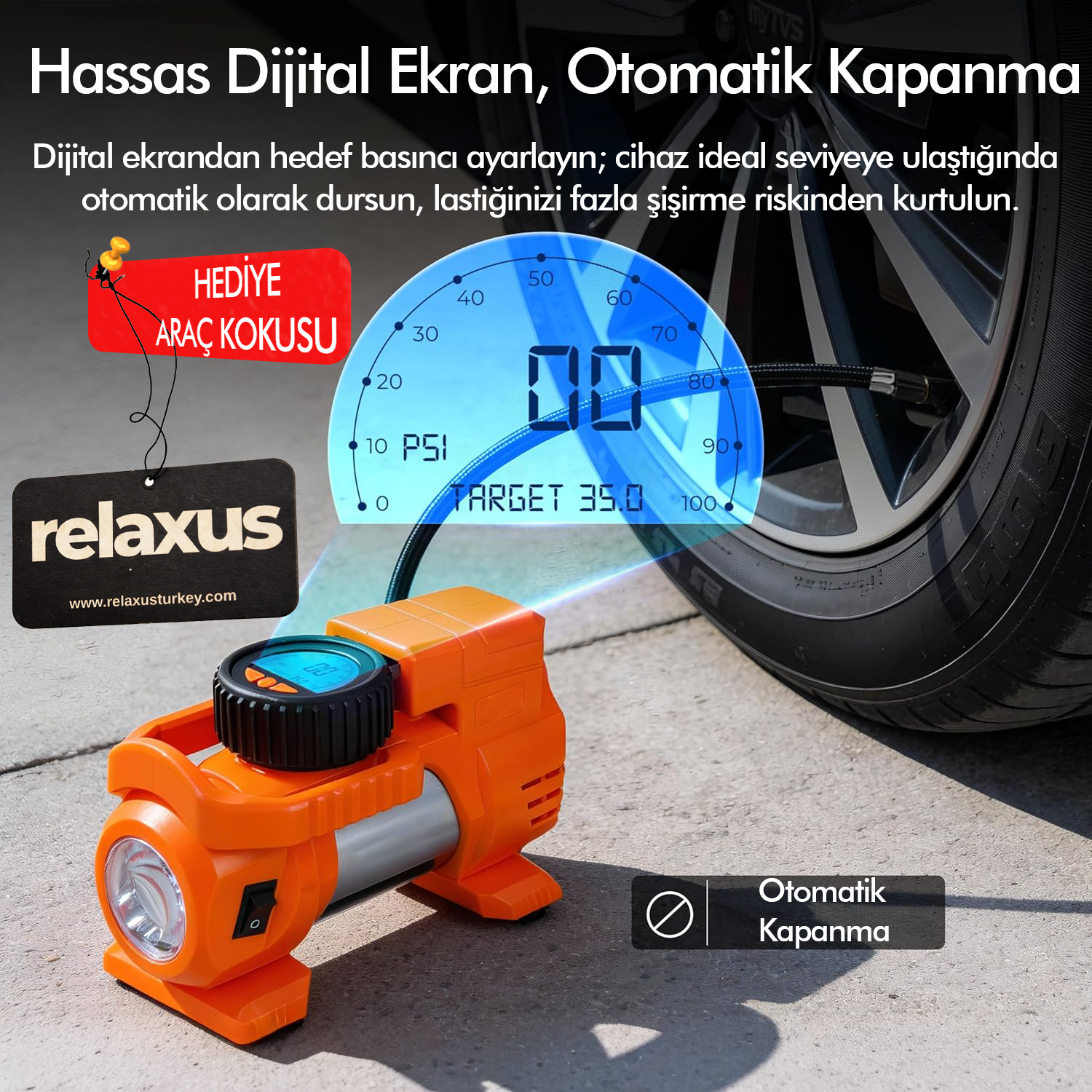 Araç Çakmak Girişli Dijital Hava Kompresörü Lastik Şişirme Pompası 12V Taşınabilir Oto Kokusu Hediye