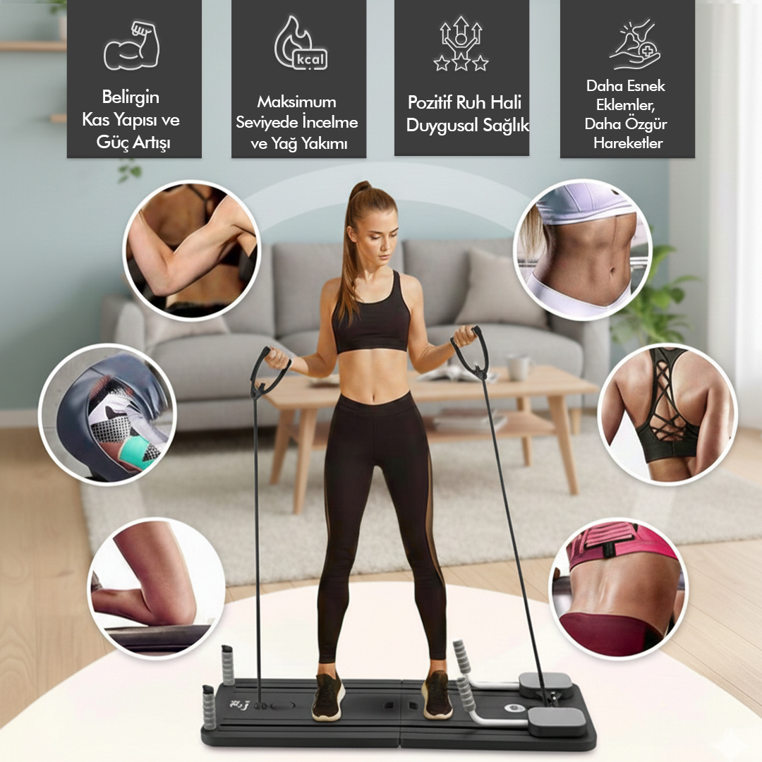 Çok Fonksiyonlu Egzersiz Aleti, Pilates Reformer, Direnç Bantlı, Ev Tipi Istasyon , Çorap Hediyeli