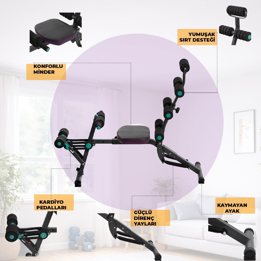 Çok Fonksiyonlu Mekik Sehpası Sırt Açılı Ev Fitness Aleti Egzersiz Ekipmanı Direnç Lastiği Hediye