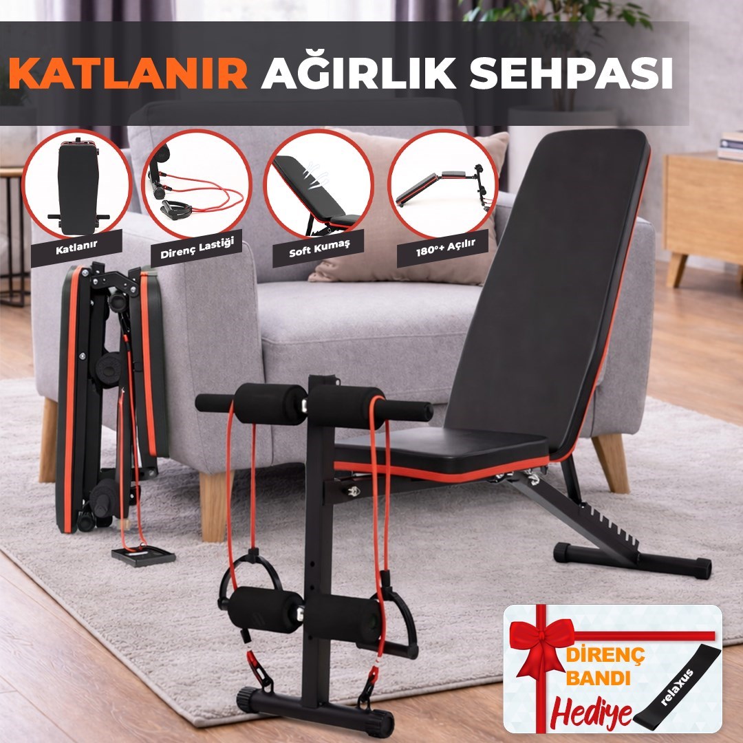 Ev Tipi Çok Fonksiyonlu Dambıl Bench Press ve Mekik Sehpası Antrenman Aleti Direnç Lastiği Hediye