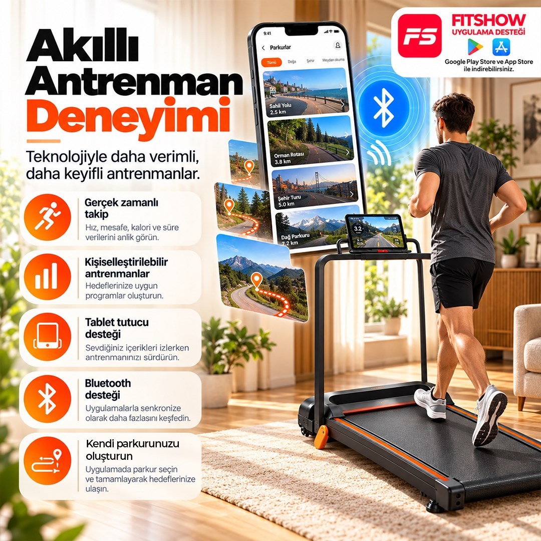 Güçlü Katlanabilir Koşu Bandı Ev Tipi Yürüyüş Fitshow App Bluetoothlu Uzaktan Kumanda Sessiz Motor