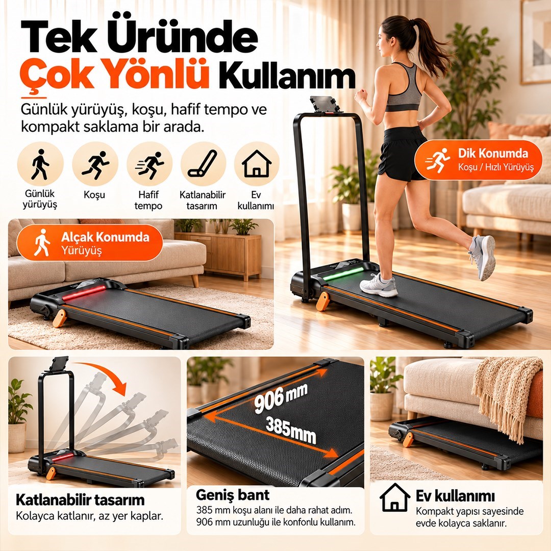 Güçlü Katlanabilir Koşu Bandı Ev Tipi Yürüyüş Fitshow App Bluetoothlu Uzaktan Kumanda Sessiz Motor