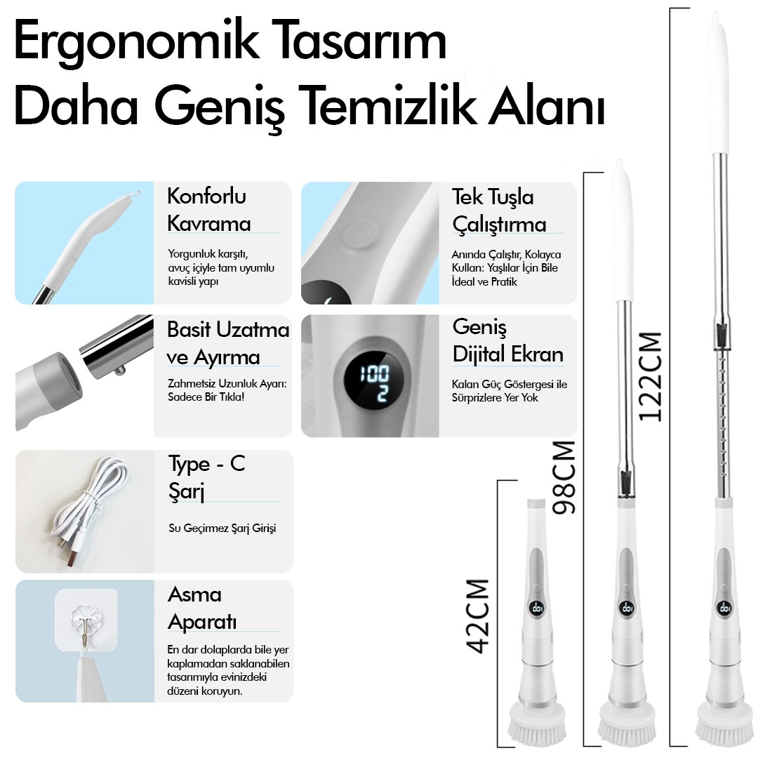 Kablosuz Şarjlı Temizlik Fırçası 8 Başlıklı 3 Kademe Hız Ayarlı Teleskopik Çok Amaçlı Ev Cihazı
