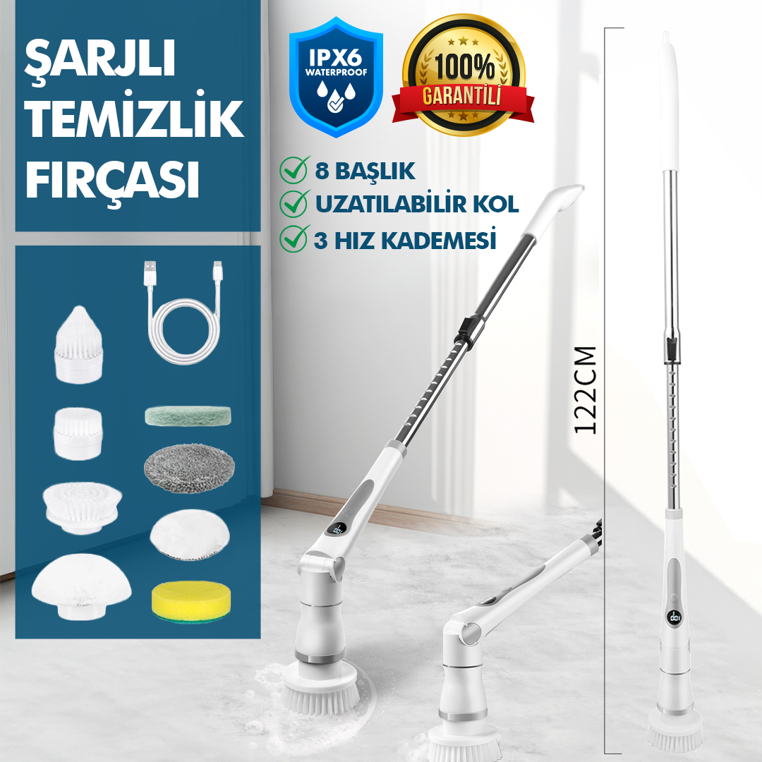Kablosuz Şarjlı Temizlik Fırçası 8 Başlıklı 3 Kademe Hız Ayarlı Teleskopik Çok Amaçlı Ev Cihazı
