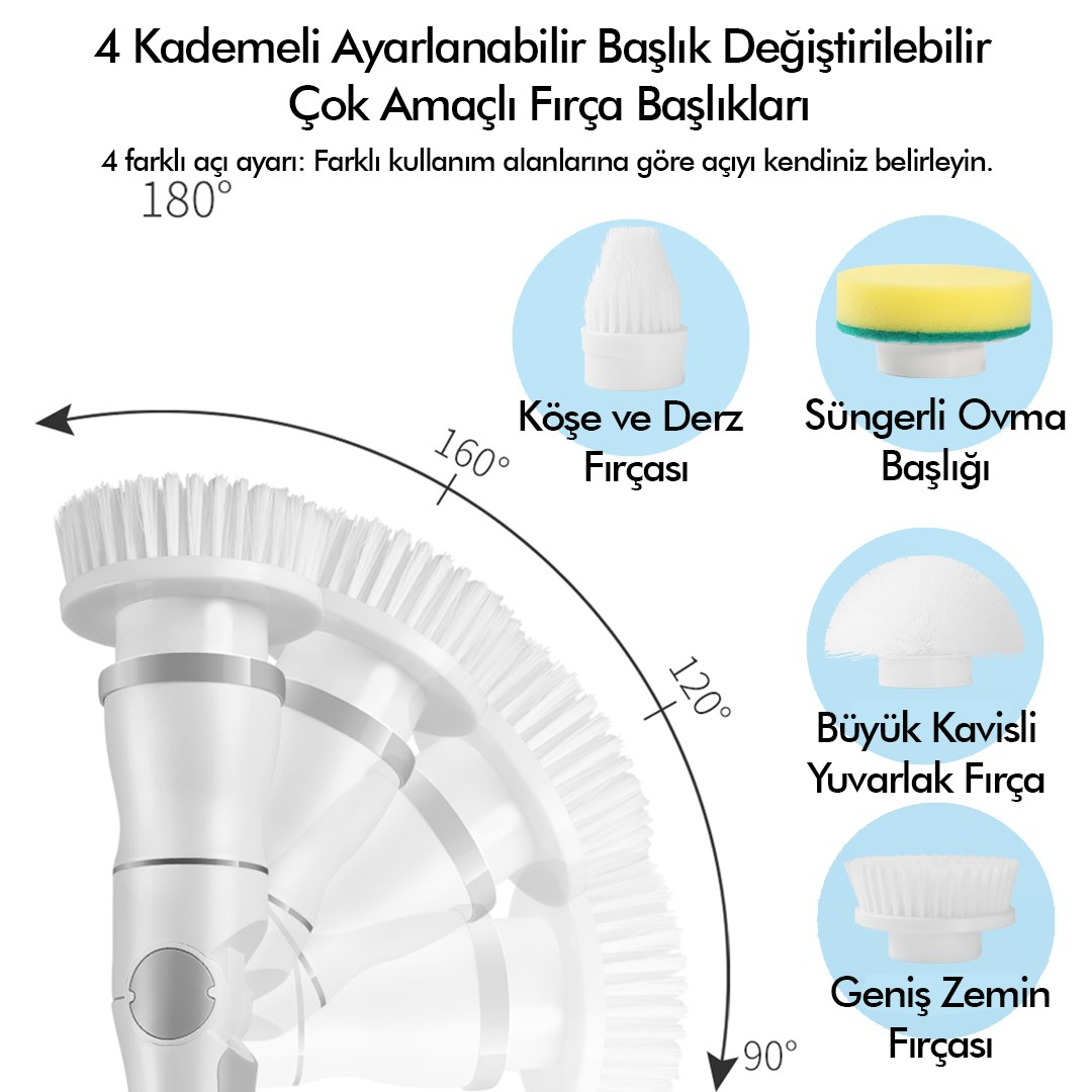Kablosuz Şarjlı Temizlik Fırçası 8 Başlıklı 3 Kademe Hız Ayarlı Teleskopik Çok Amaçlı Ev Cihazı