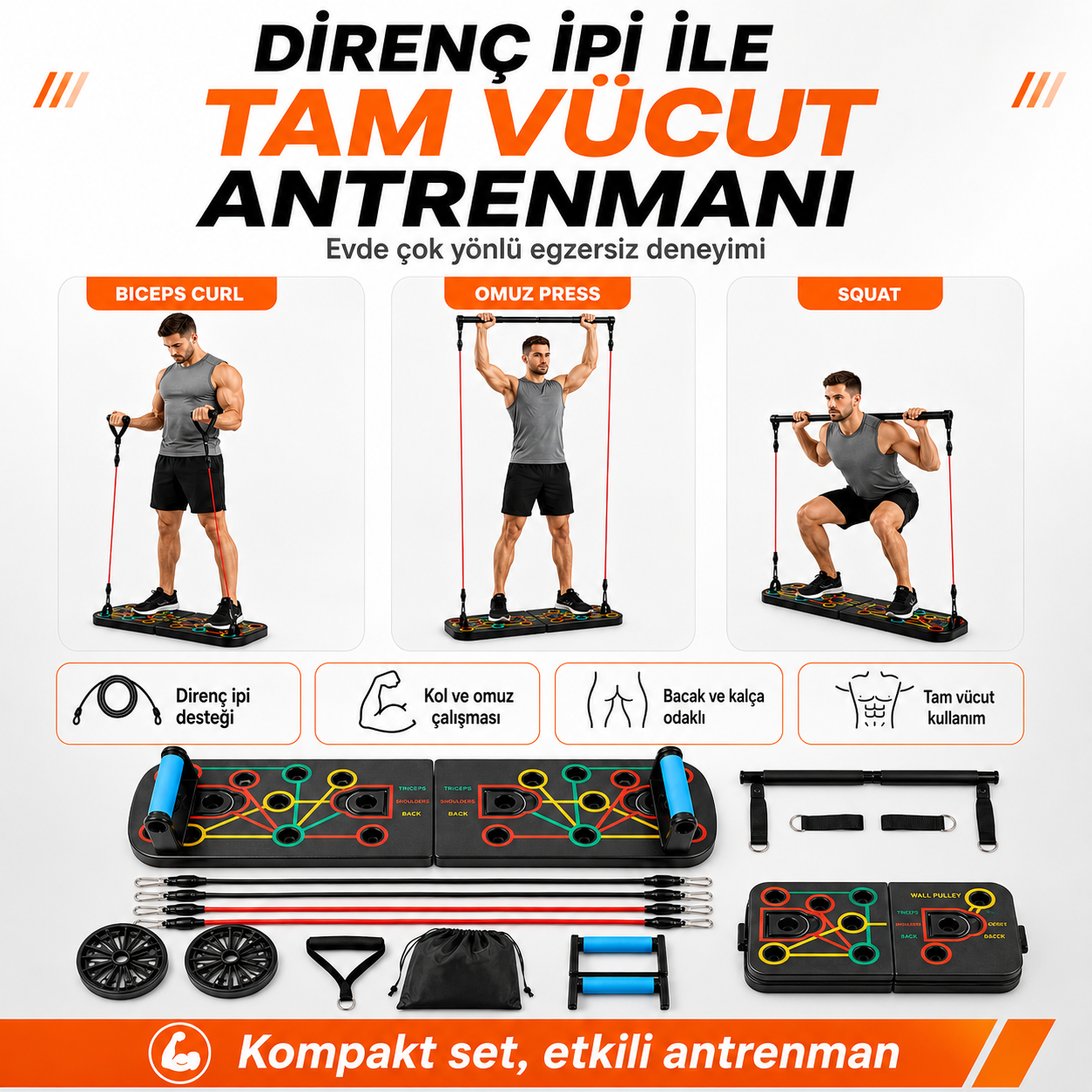 Katlanabilir Şınav Tahtası Direnç Bandı Ab Roller El Yayı  Atlama İpi Karın Göğüs Egzersiz Aleti Seti