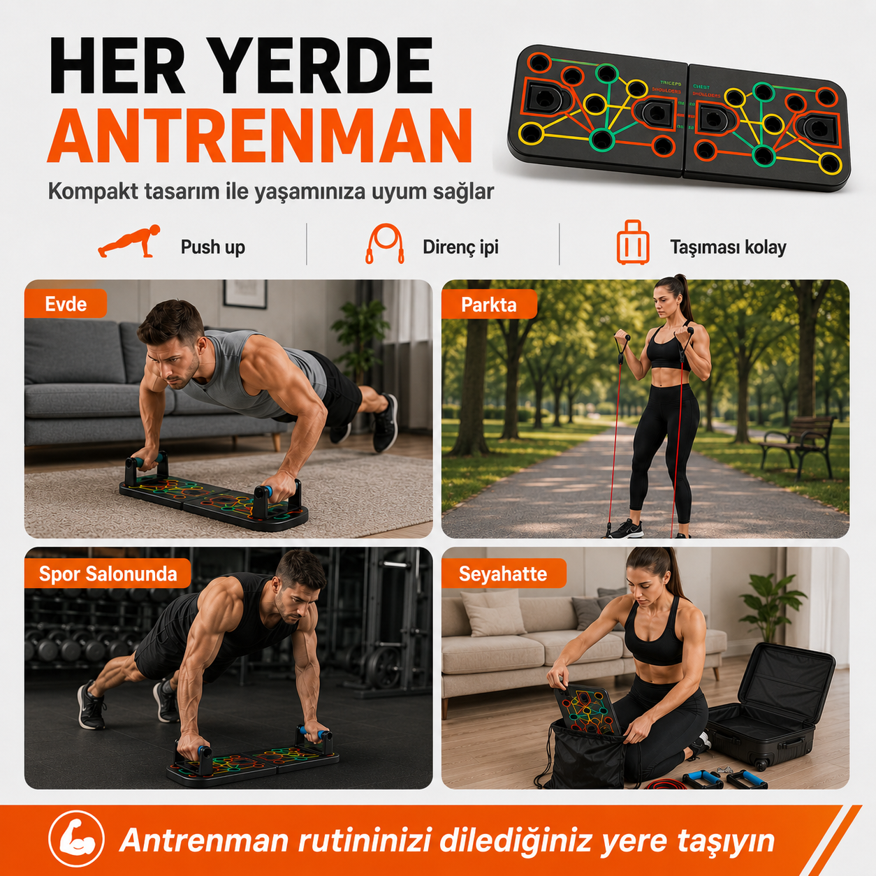 Katlanabilir Şınav Tahtası Direnç Bandı Ab Roller El Yayı  Atlama İpi Karın Göğüs Egzersiz Aleti Seti