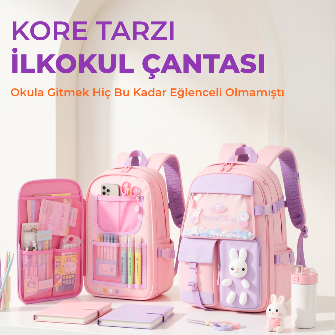 Kore Tarzı Aksesuarlı Kız Çocuk İlkokul Ortaokul Çantası Sırt Çantası