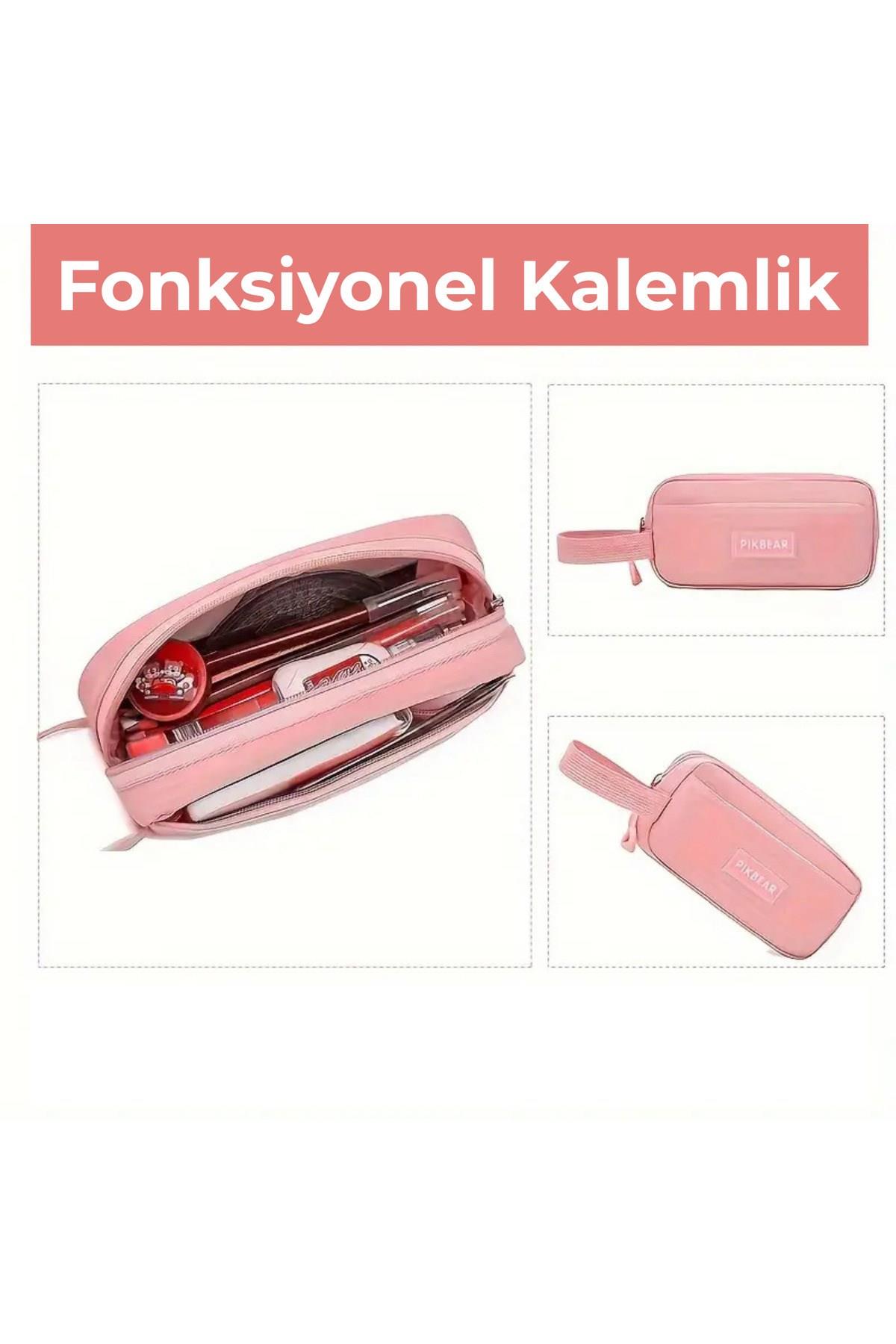 Kore Tarzı Kız Çocuk Okul Çantası – Sırt Çantası, Yedek Çanta Kalemlik Sırt Çantası Pembe