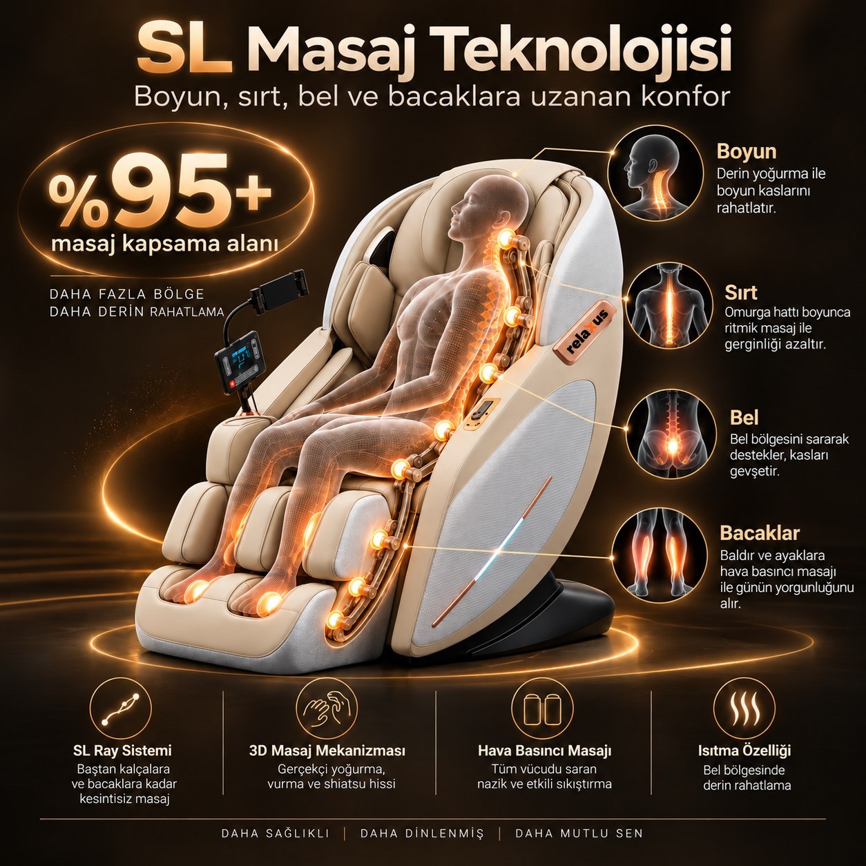 Lüks Masaj Koltuğu Akıllı Panel Sesli Komut Sıfır Yerçekimi SL Ray Isıtmalı Hava Yastıklı Bluetooth