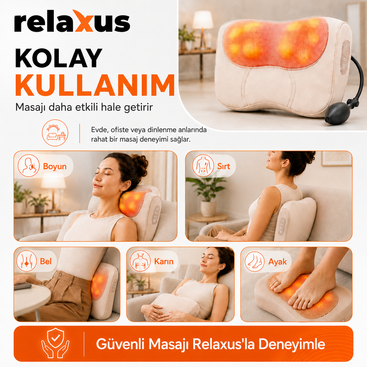 RLX40 Taşınabilir Şişirilebilir Ovmalı Isıtmalı Masaj Yastığı Boyun, Bel ve Sırt Şarjlı Masaj Aleti