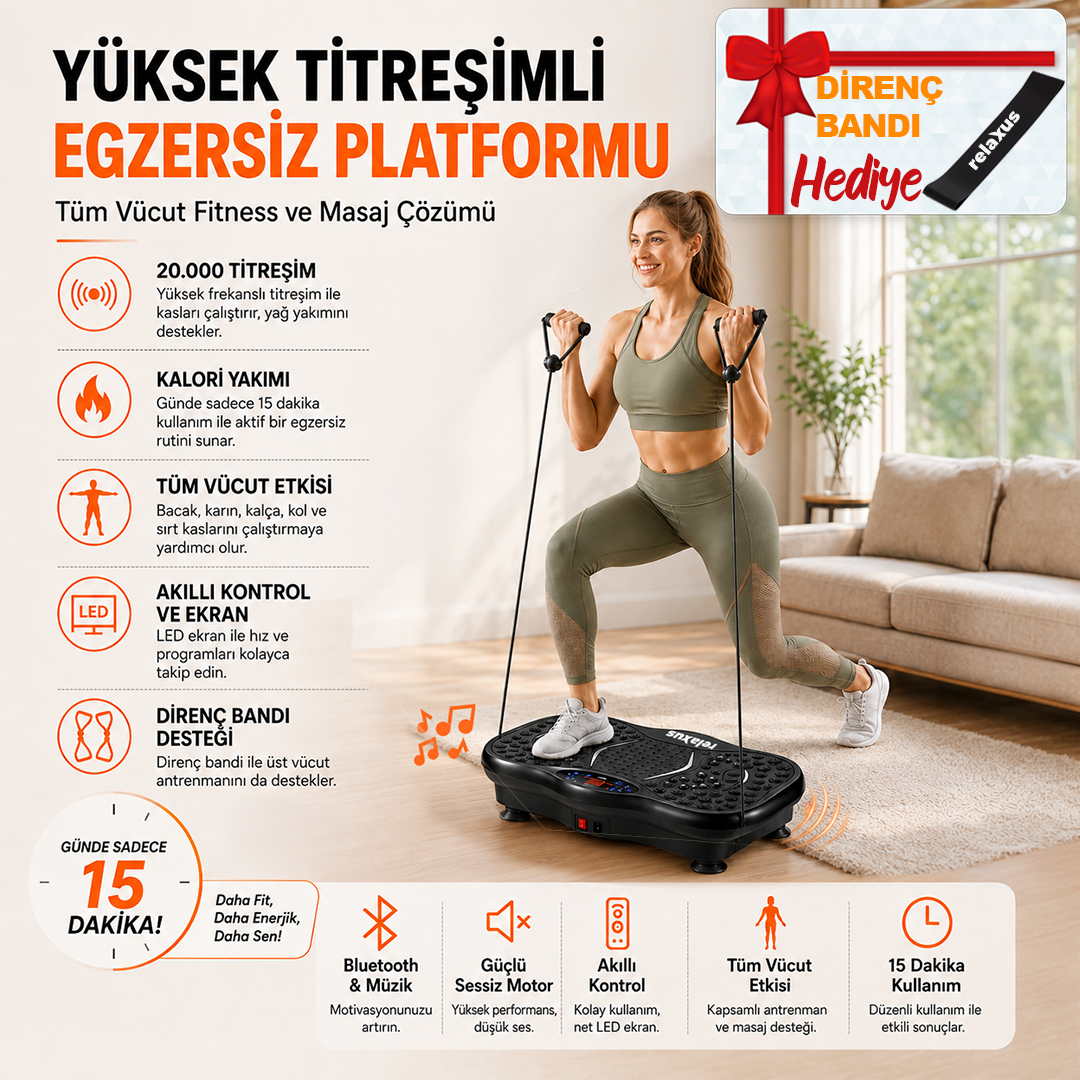 Yüksek Titreşimli Egzersiz Platformu Bluetooth Masaj Aleti Ev Fitness Cihazı Direnç Lastiği Hediye