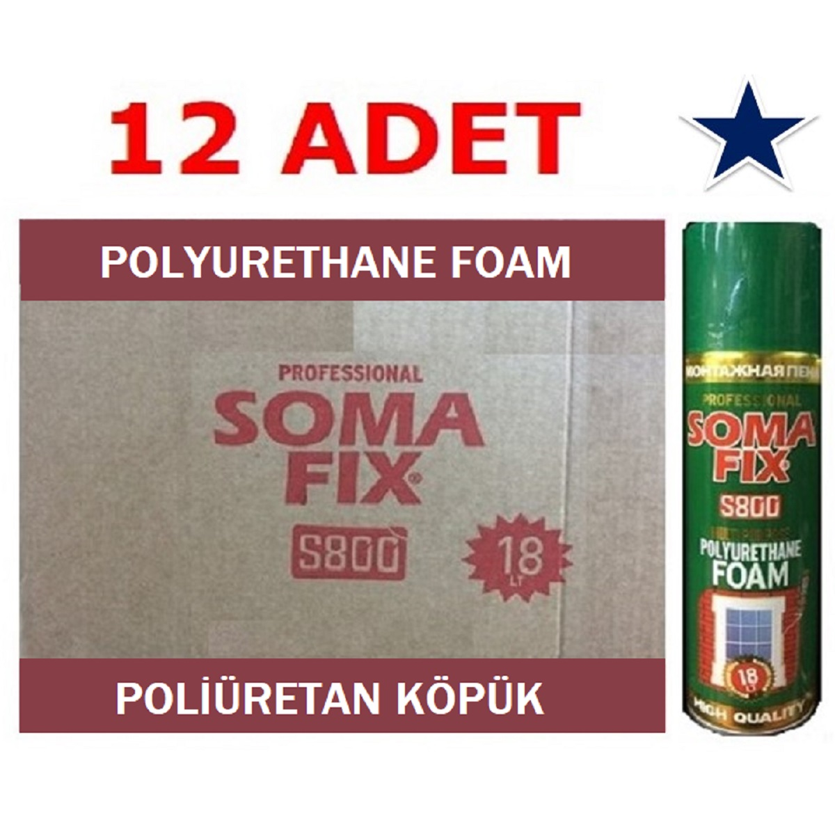12 Adet 300 ml Somafix Poliüretan Köpük Çelik Kapı Pencere İzolasyon PU Köpüğü S801