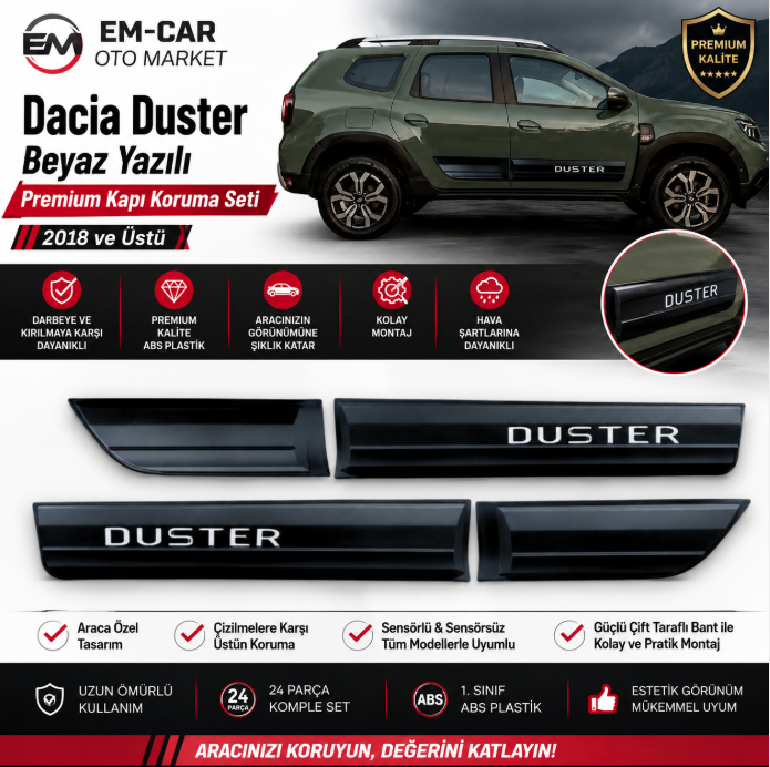 Dacia Duster 2018 ve Üstü Beyaz Yazılı Premium Kapı Koruma Seti