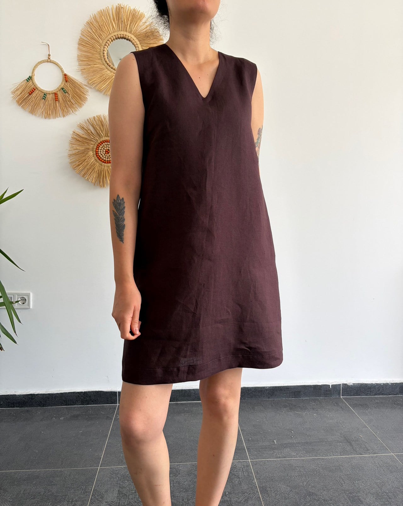 %100 Keten Acı kahve Şehir Boy Elbise