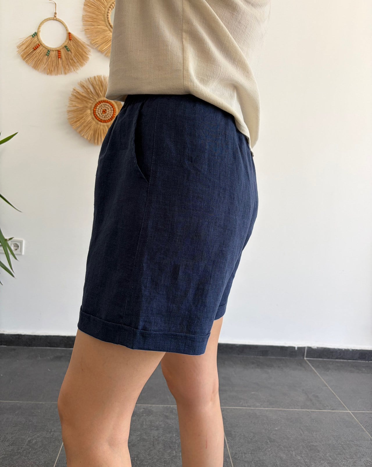 %100 Keten Denim Şort
