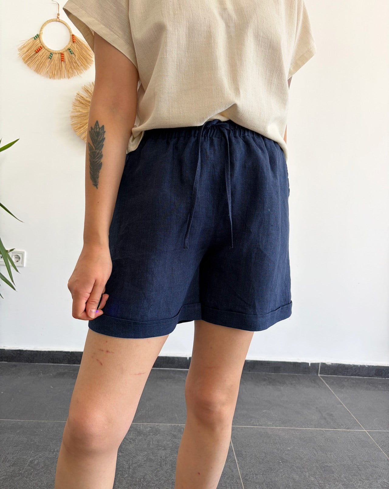 %100 Keten Denim Şort