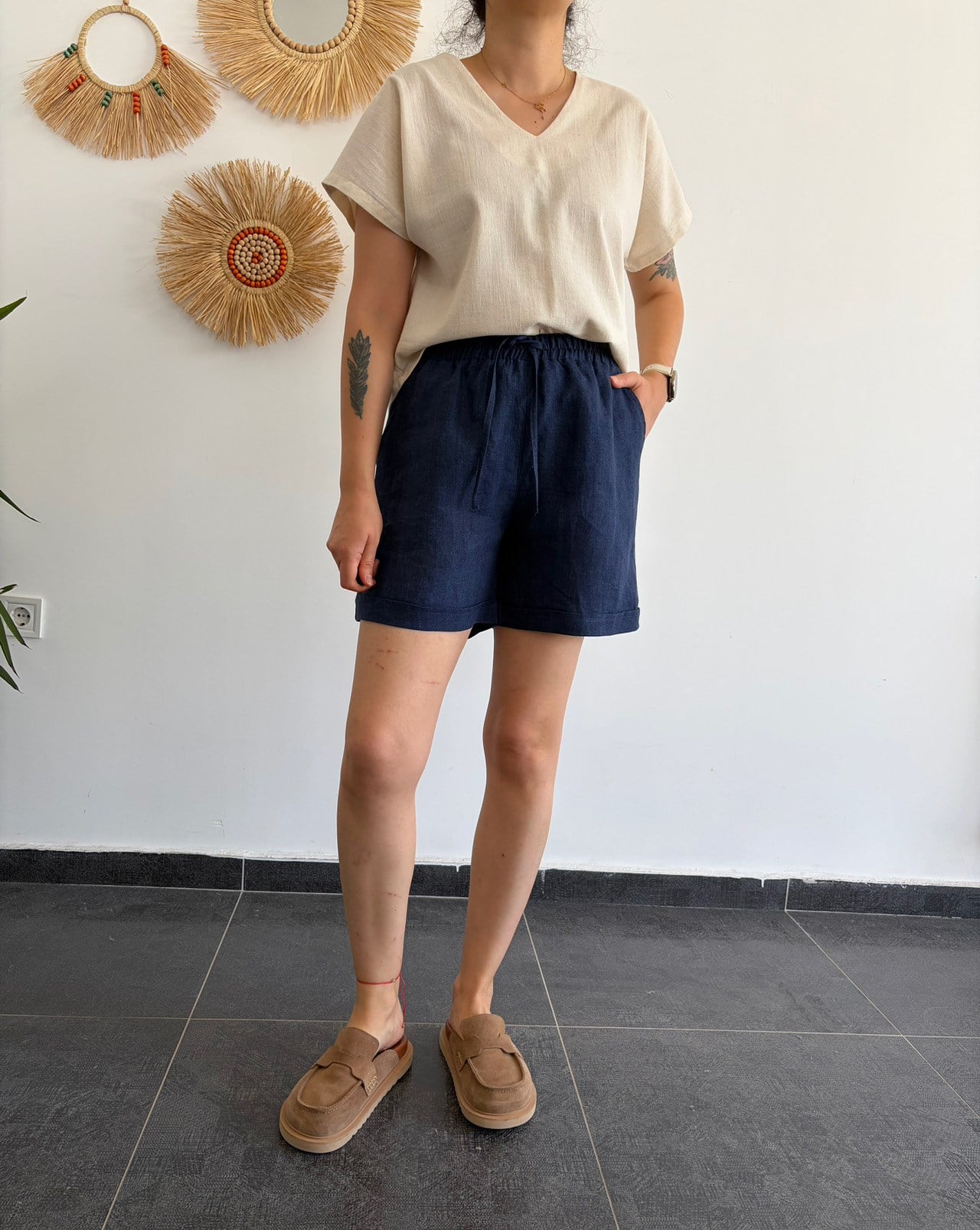 %100 Keten Denim Şort