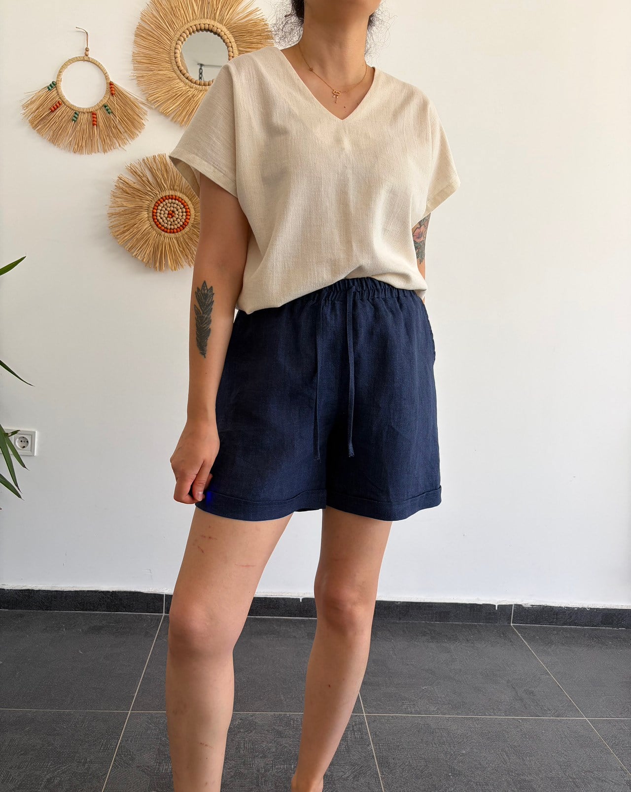 %100 Keten Denim Şort