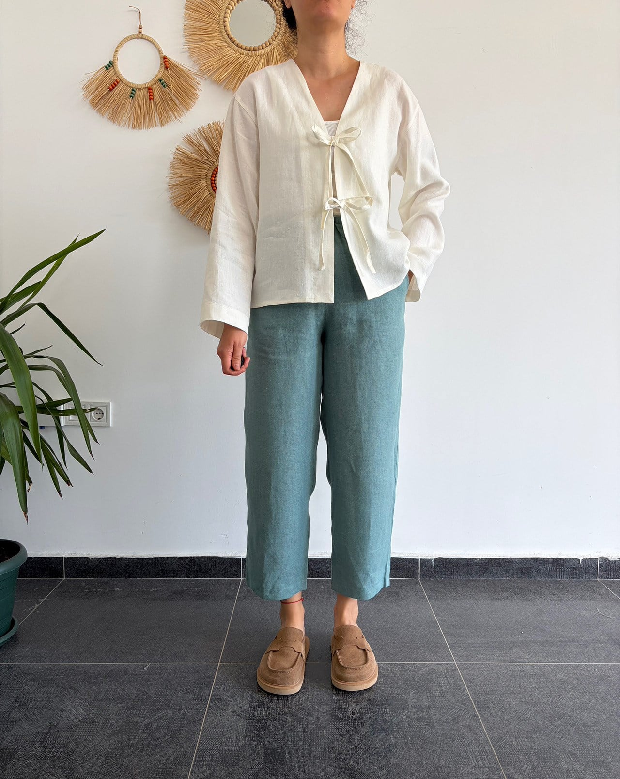 %100 Keten Ekru Kimono 