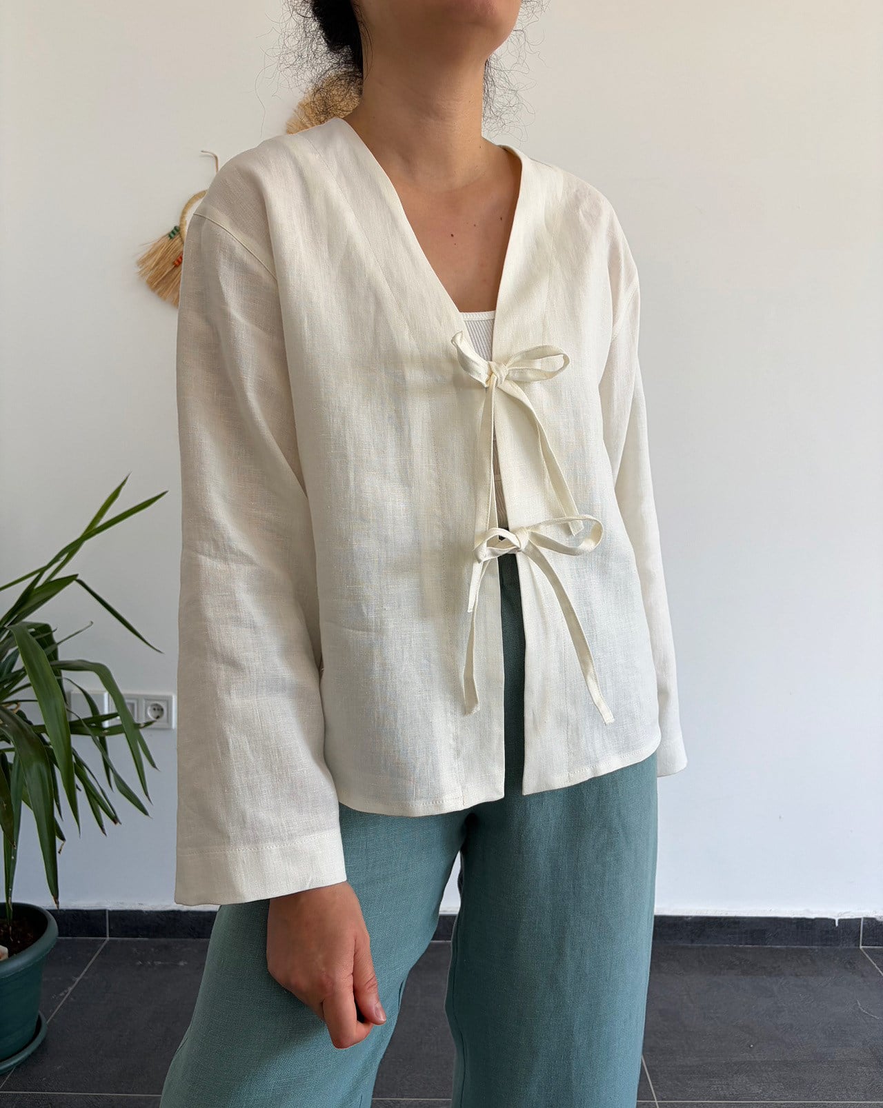 %100 Keten Ekru Kimono 