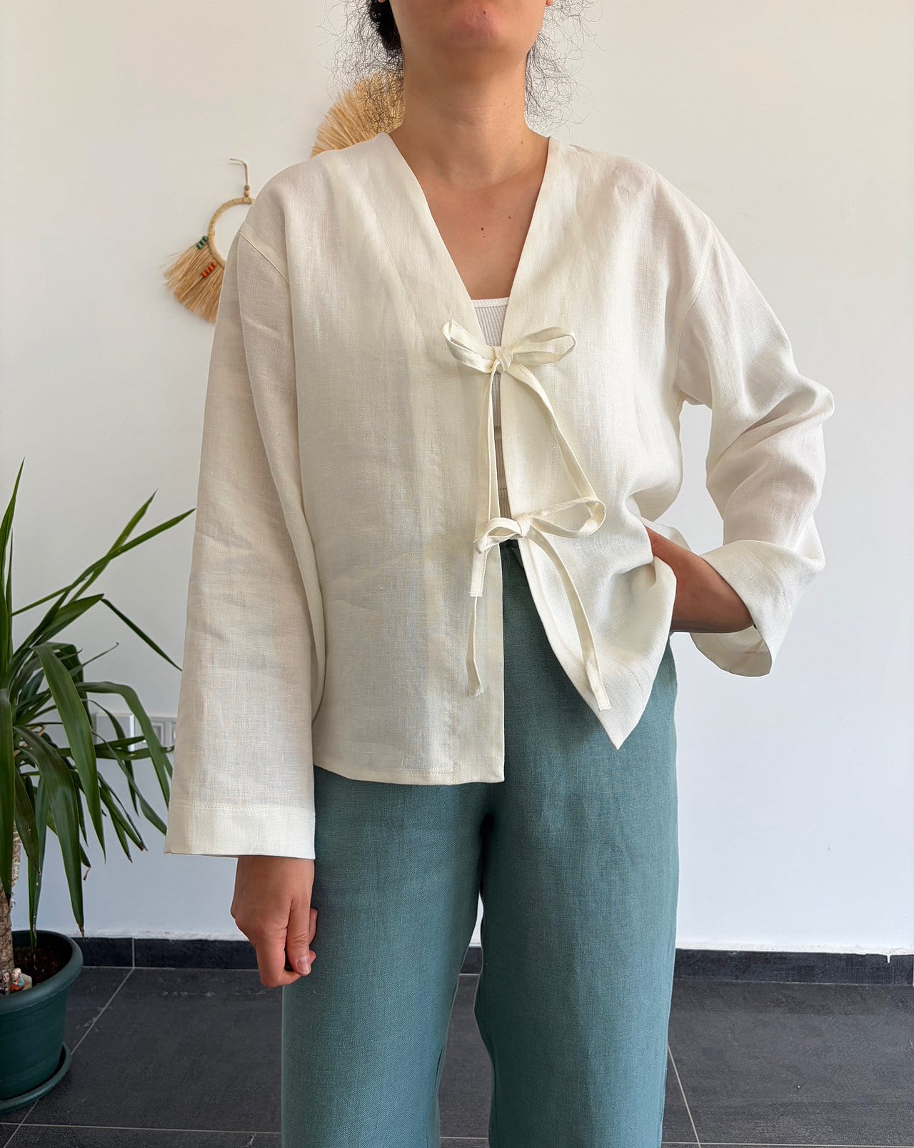 %100 Keten Ekru Kimono 