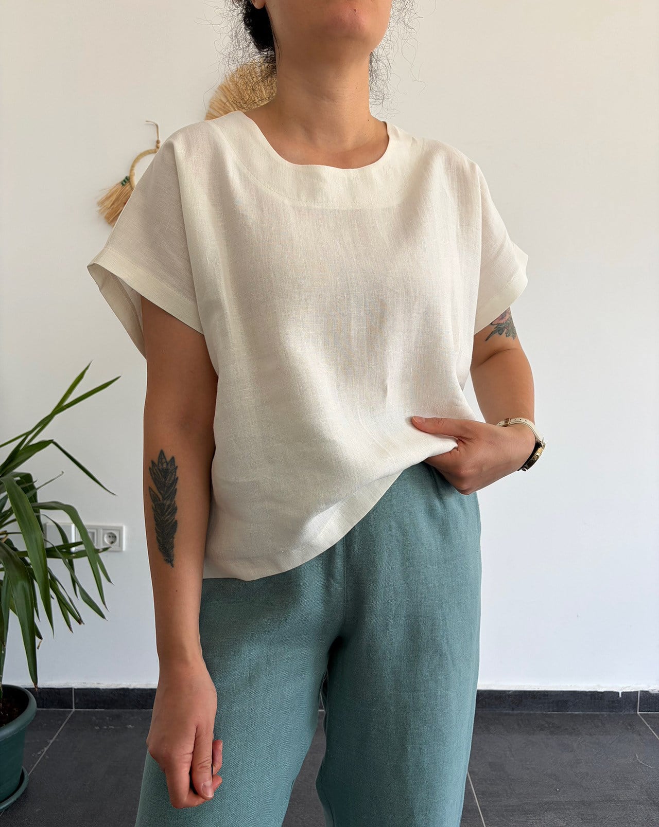 %100 Keten Ekru Oversize Bluz