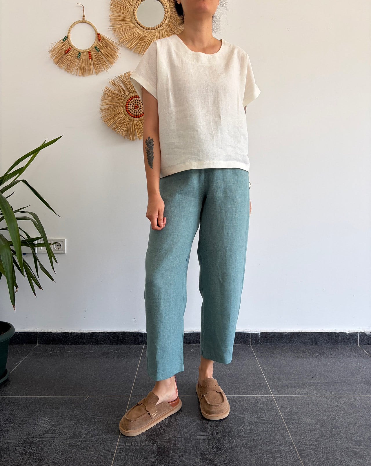 %100 Keten Ekru Oversize Bluz
