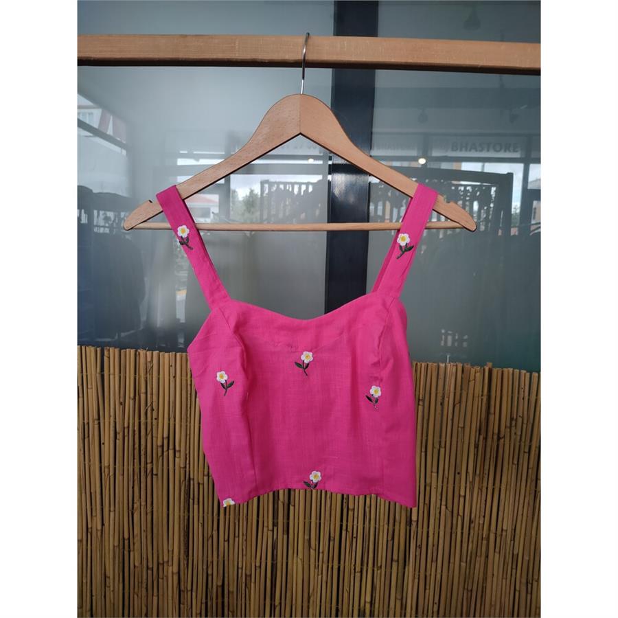 Nakışlı Pembe Keten Büstiyer 