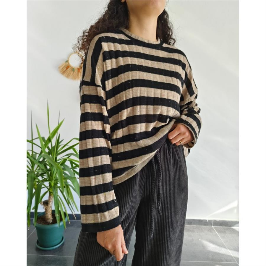Retro Siyah Çizgili Oversize Triko Bluz 
