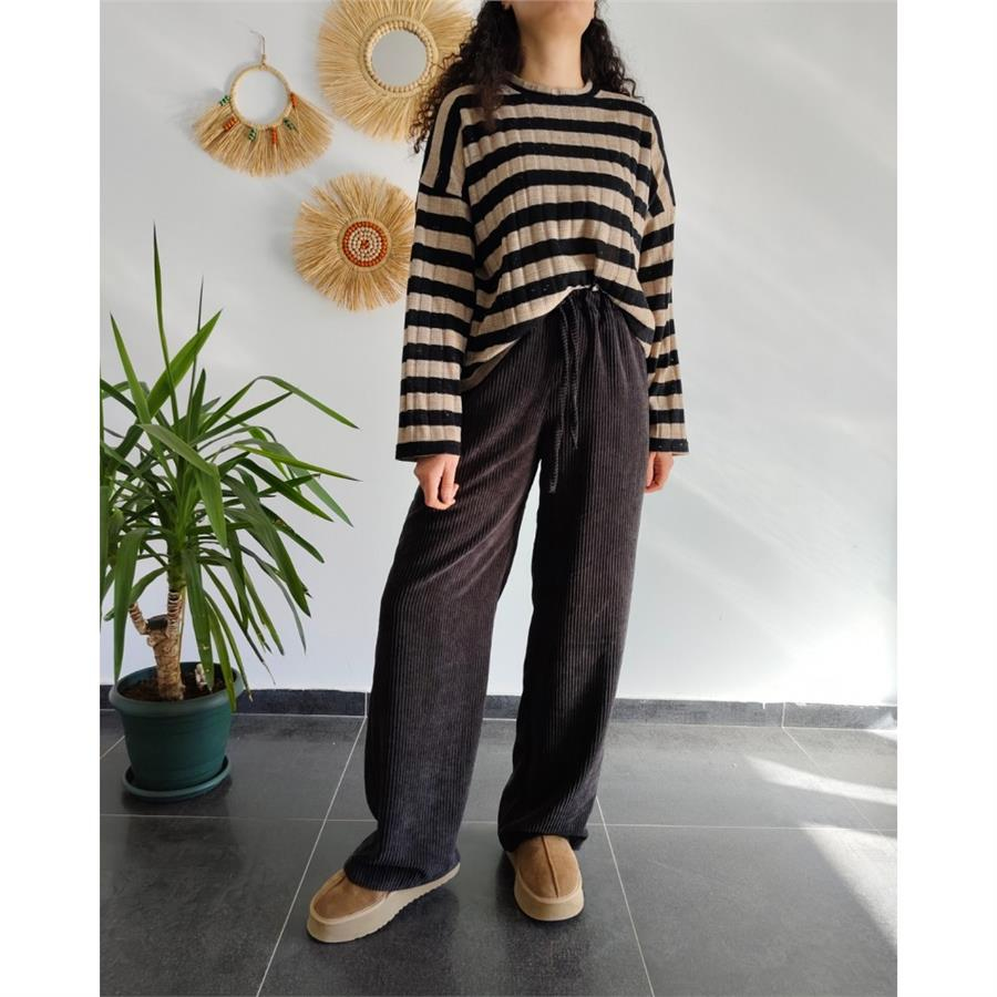 Retro Siyah Çizgili Oversize Triko Bluz 