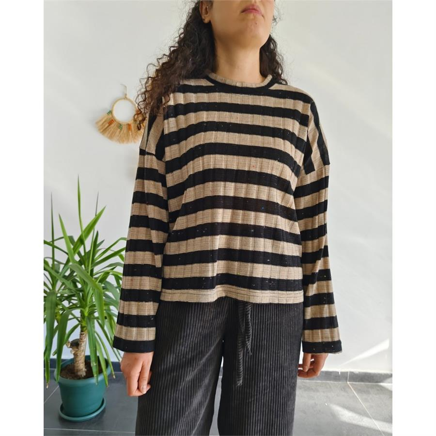 Retro Siyah Çizgili Oversize Triko Bluz 