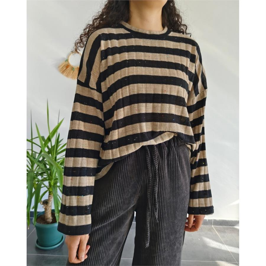 Retro Siyah Çizgili Oversize Triko Bluz 