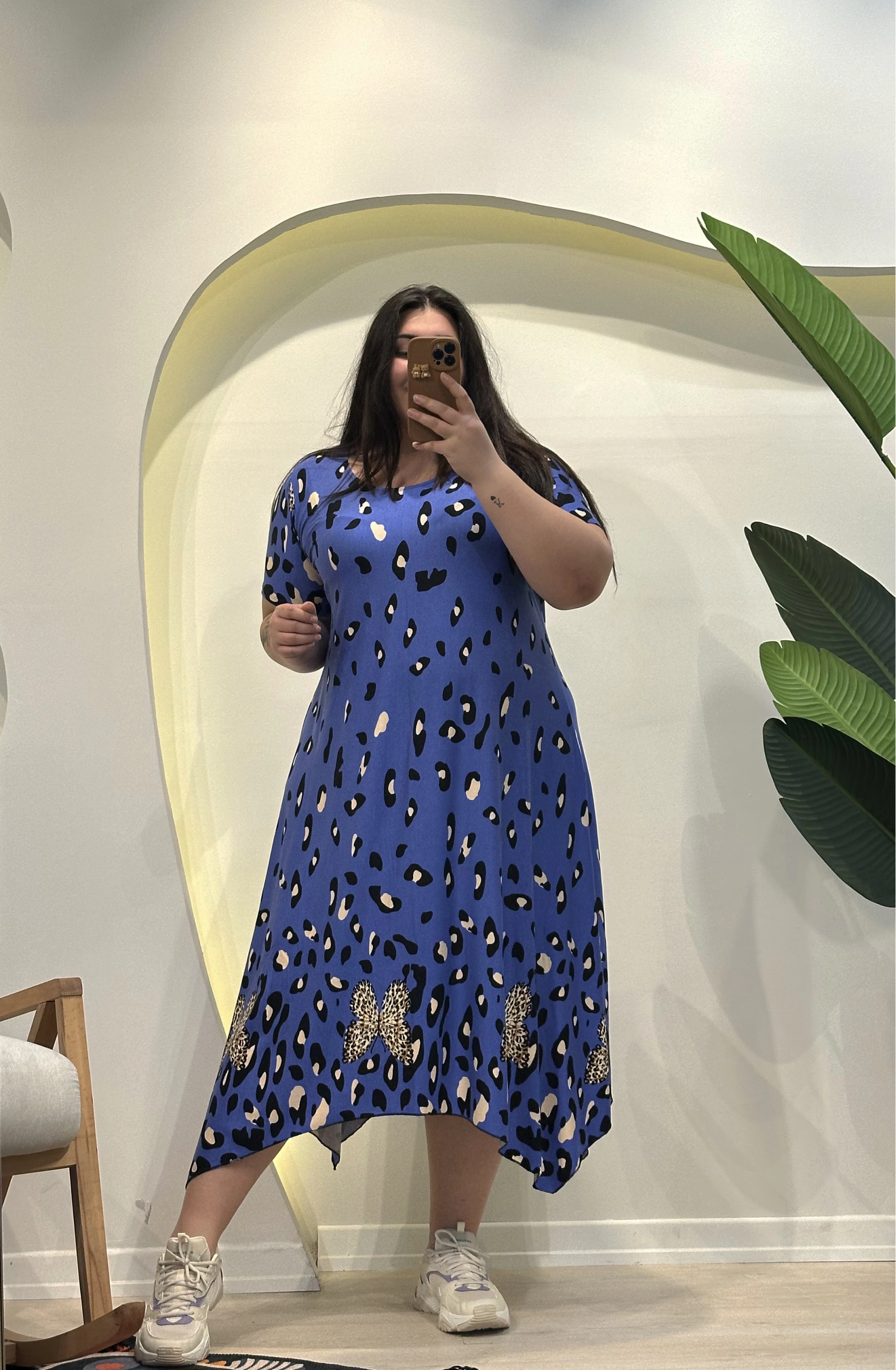 Asimetrik Esnek Penye Elbise - Mavi Leopar Desenli