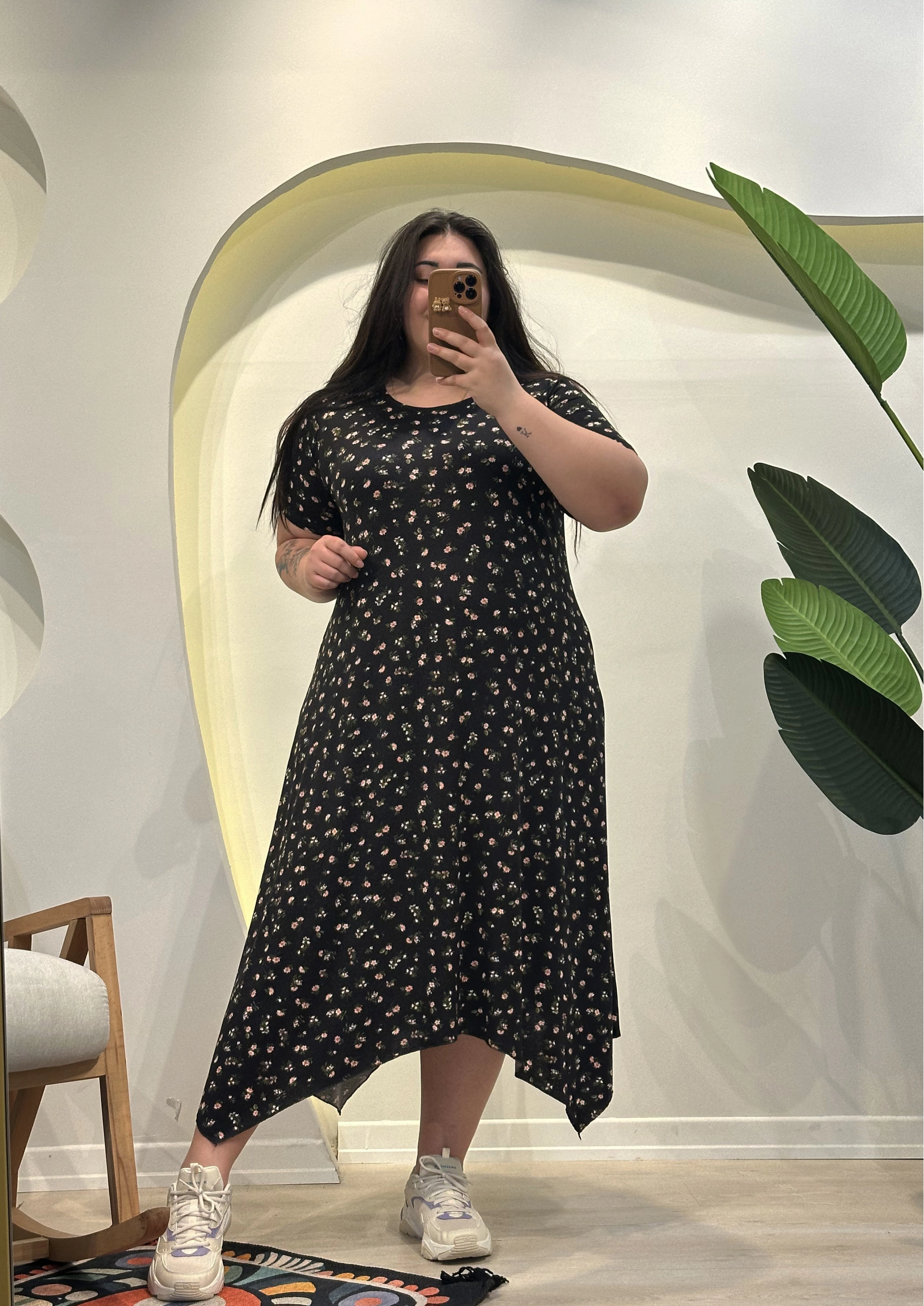 Asimetrik Esnek Penye Elbise - Siyah Çiçekli