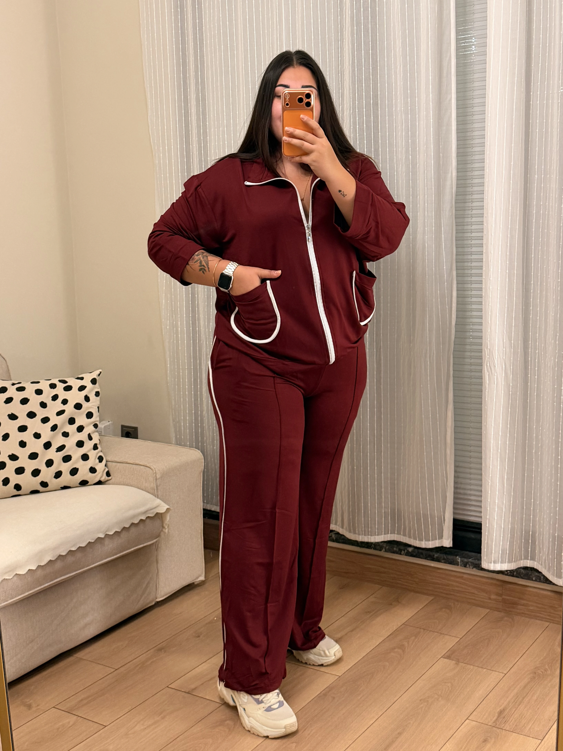 Fermuarlı Şerit Detaylı Esnek Modal Takım - Bordo