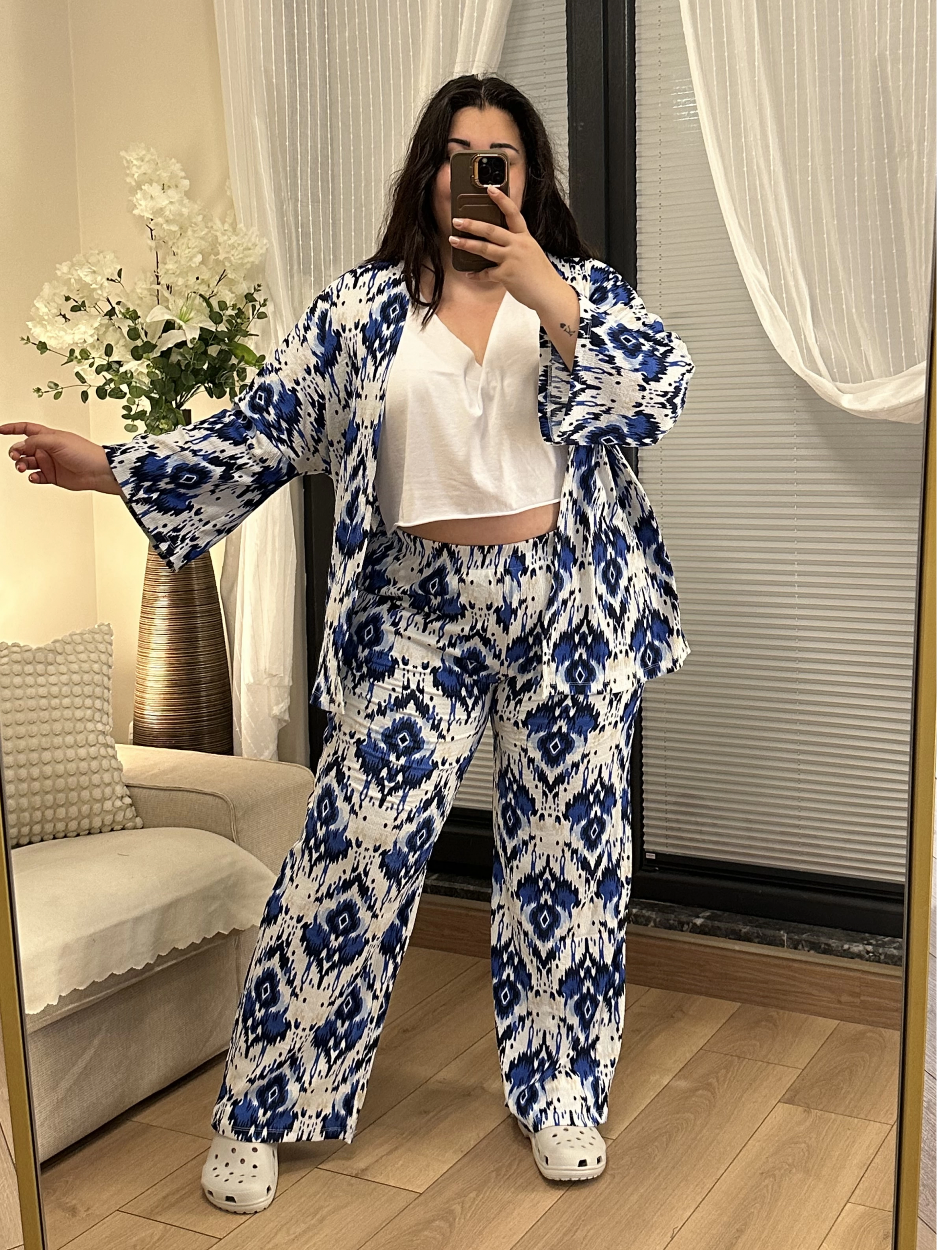 Geniş Kesim Bürümcük Palazzo Takım - Mavi Desenli