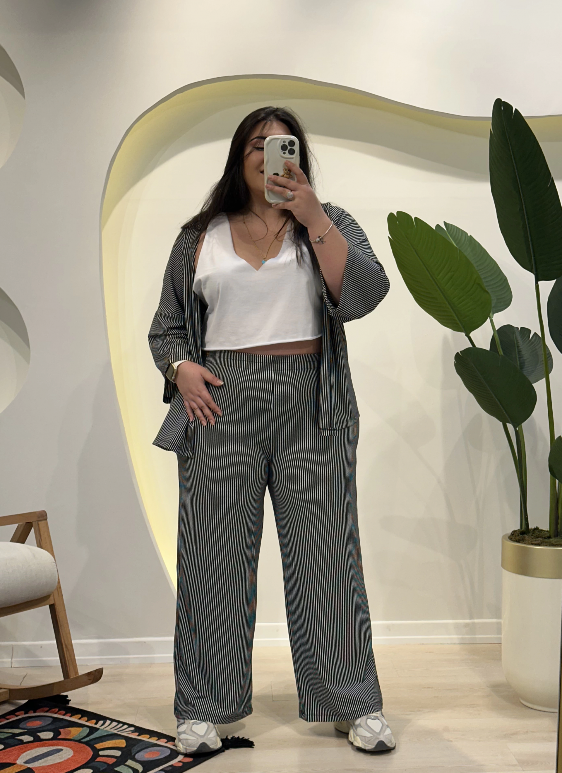 Geniş Kesim Bürümcük Palazzo Takım - Siyah Çizgili