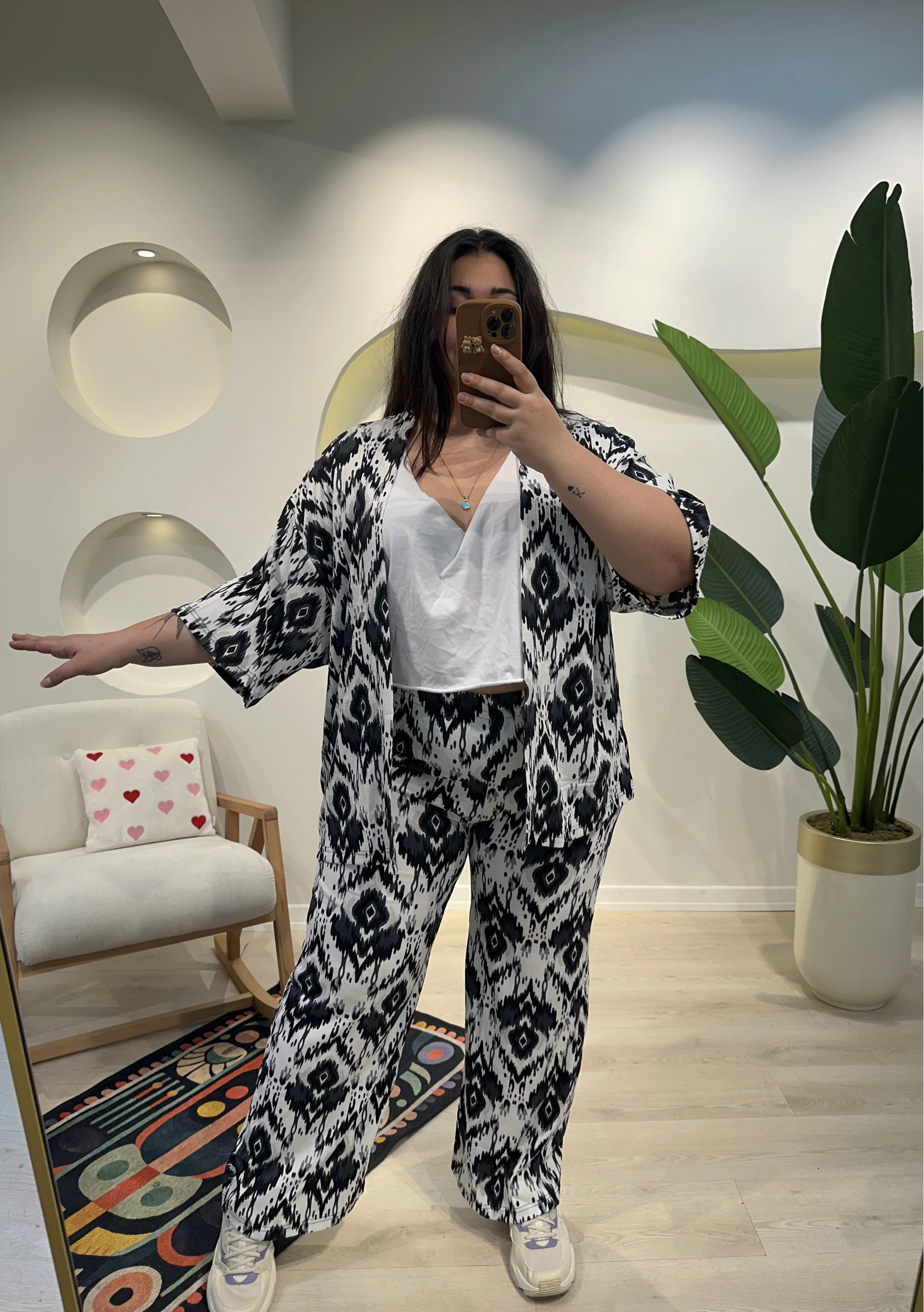 Geniş Kesim Bürümcük Palazzo Takım - Siyah Desenli