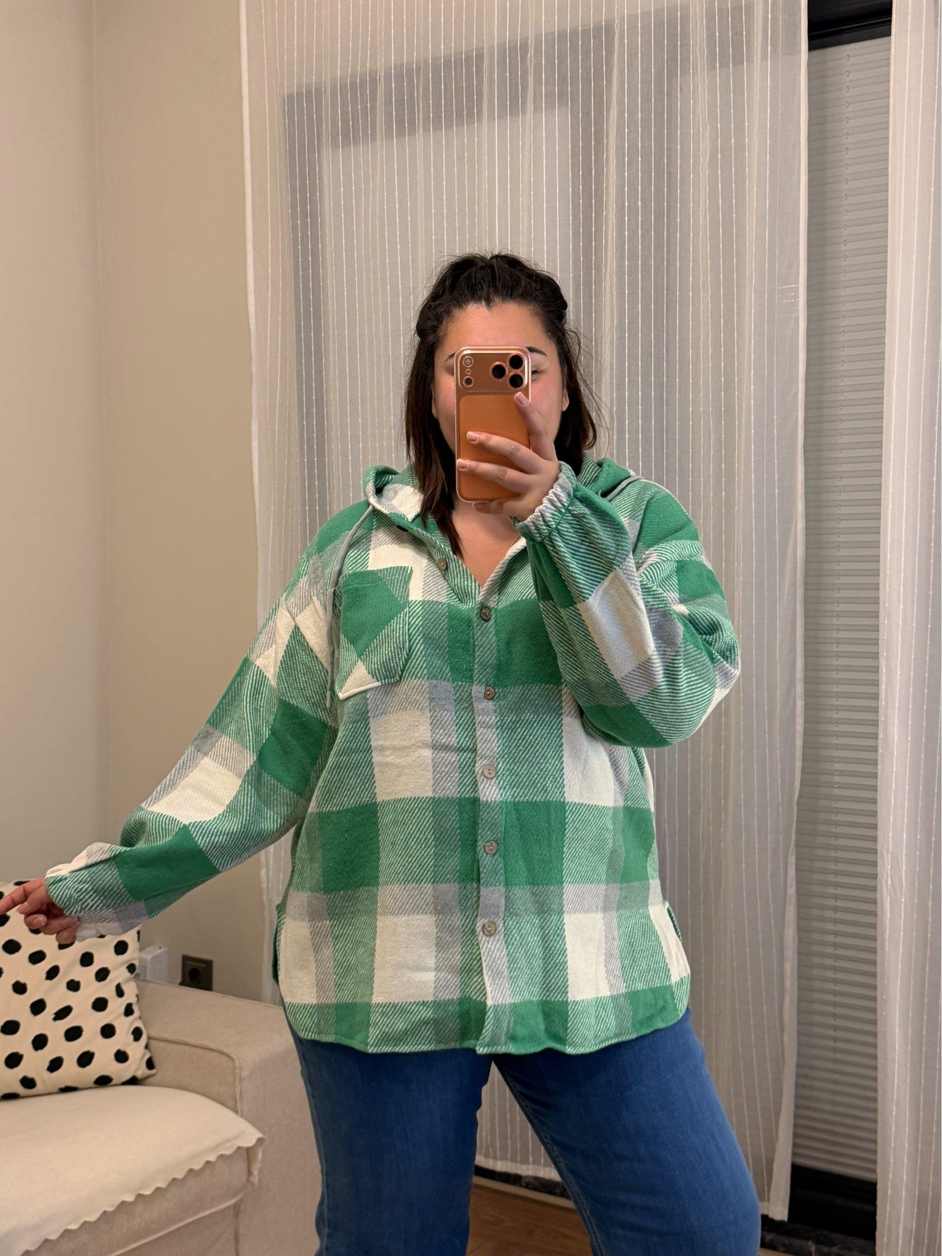 Geniş Kesim Kapüşonlu Oduncu Gömlek - Yeşil