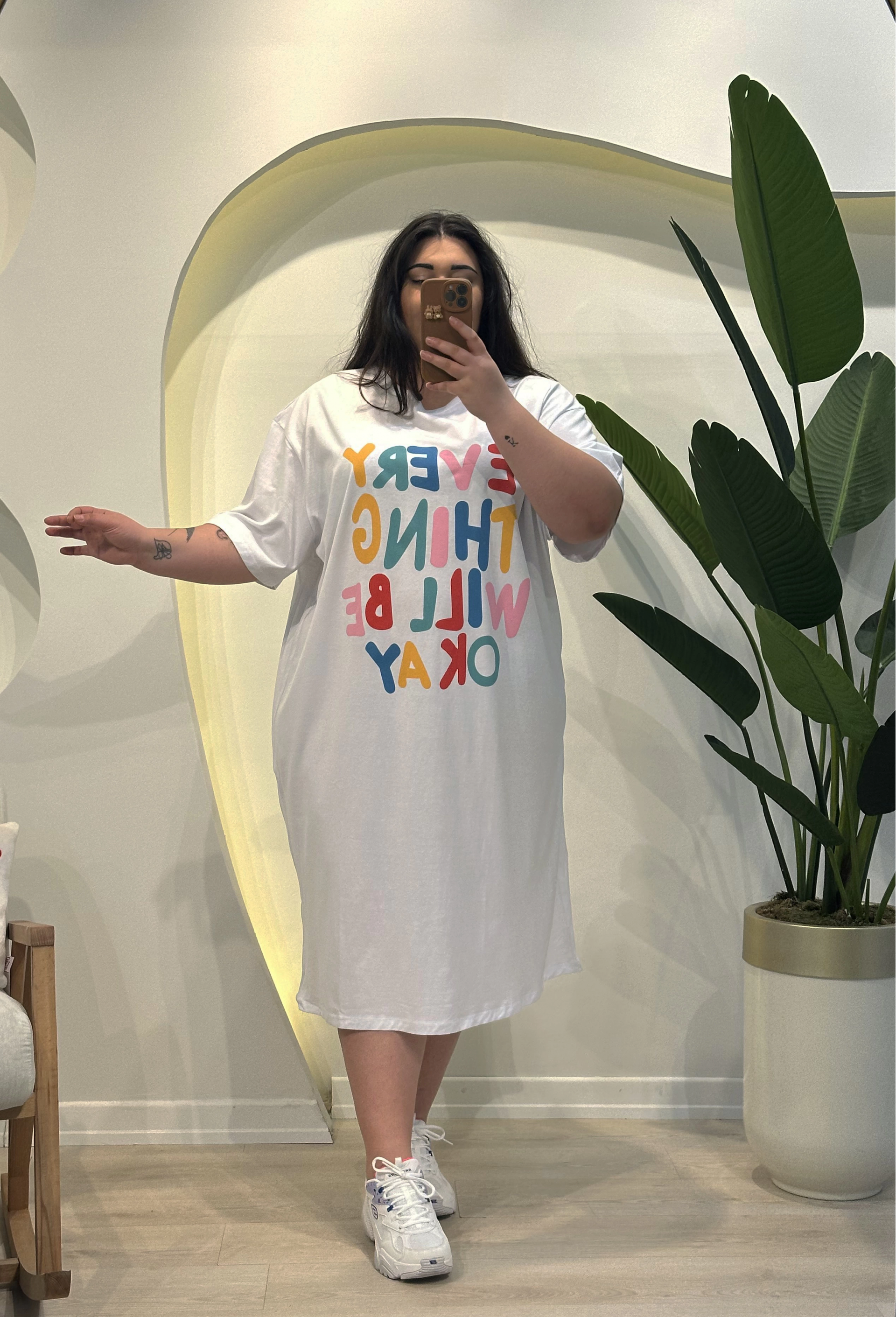 Geniş Kesim Pamuklu Penye Tişört Elbise - Beyaz Rainbow