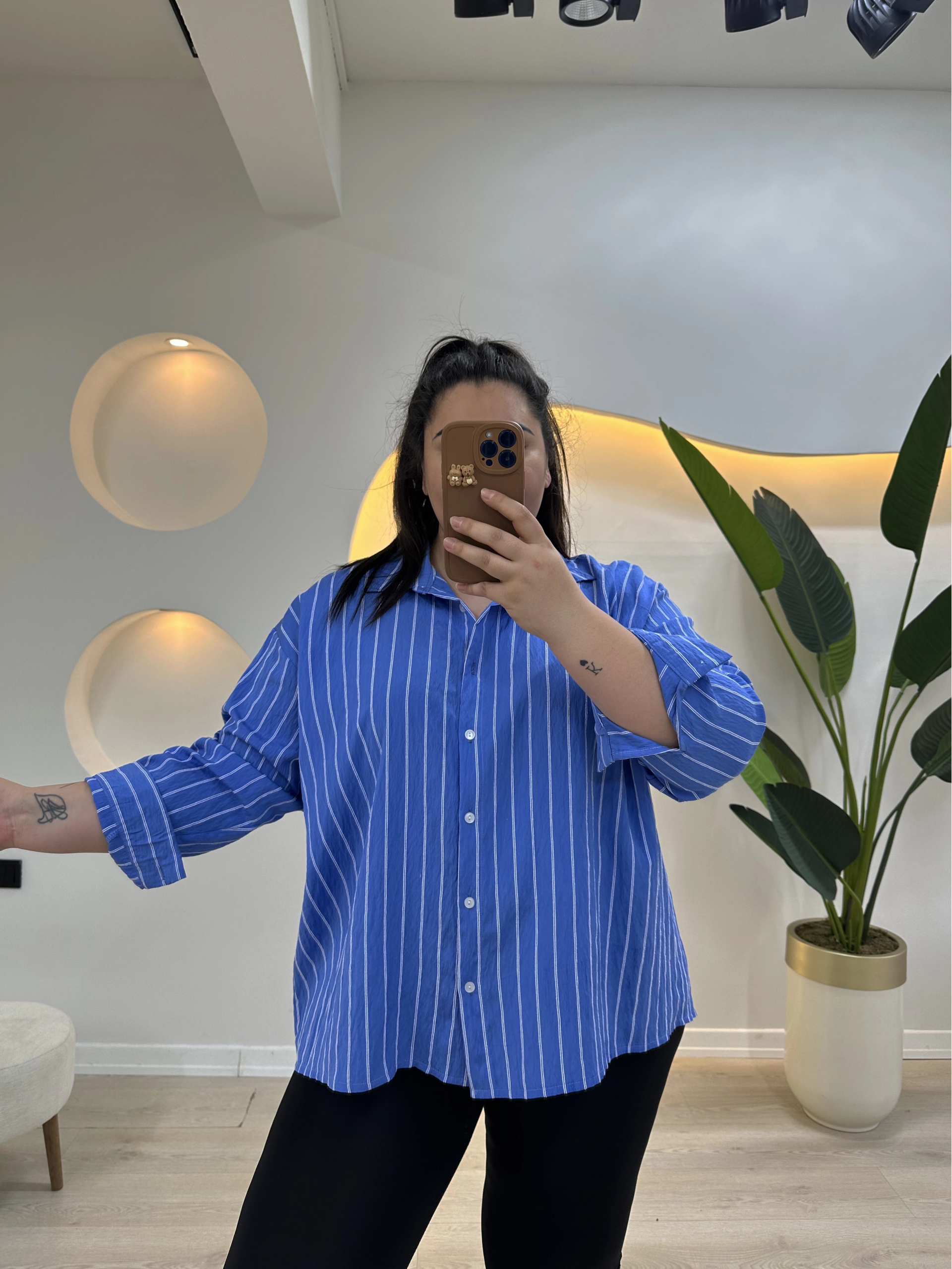 Geniş Kesim Pamuklu Tensel Gömlek - Mavi Çizgili