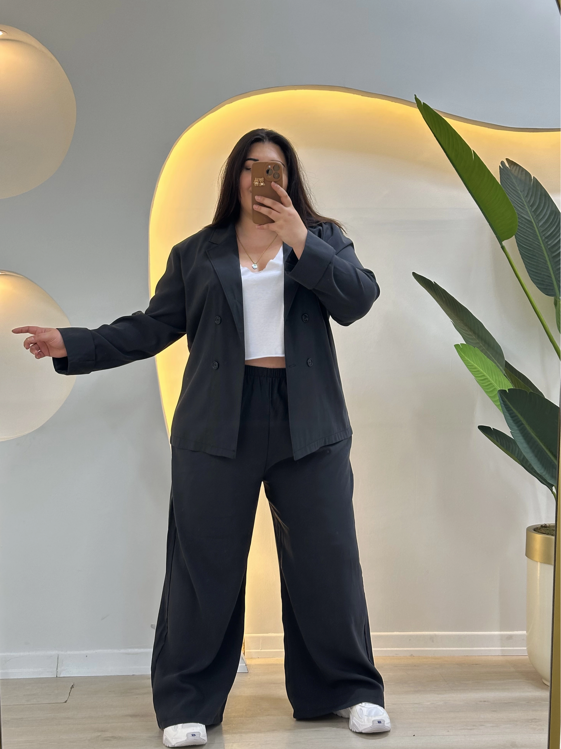 Geniş Kesim Tensel Blazer Takım - Siyah