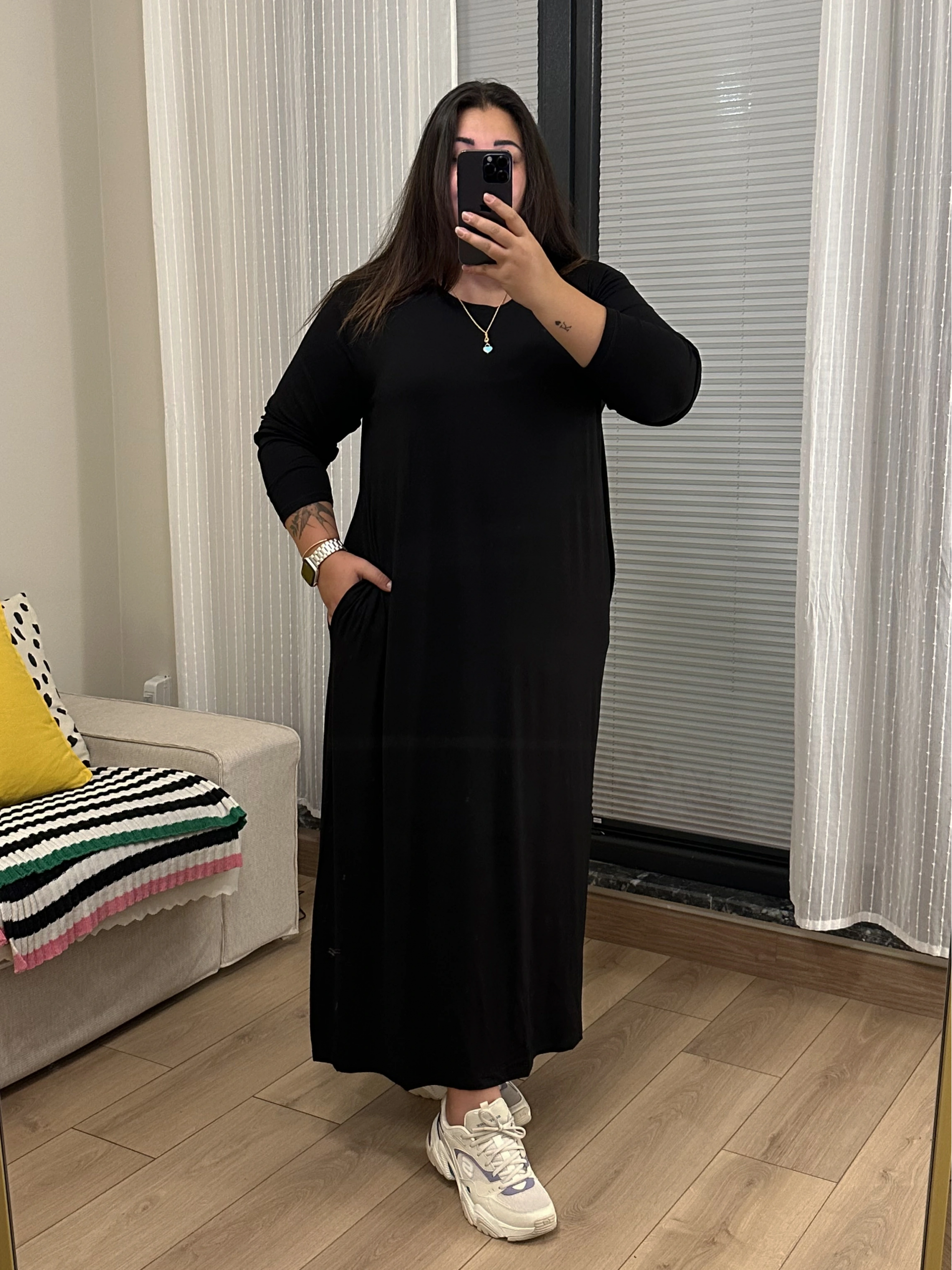 Gizli Cep Basic Esnek Penye Elbise - Siyah